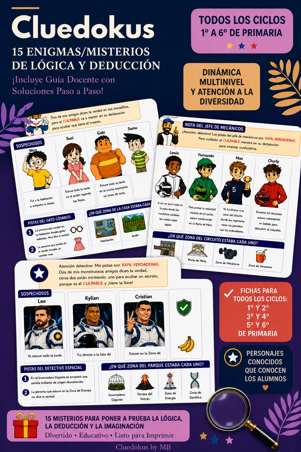 PACK 15 fichas Misterio CON SOLUCIONES! CLUEDOKU/MURDOKU(Todos los ciclos 1º-6º)Lógica, Deducción